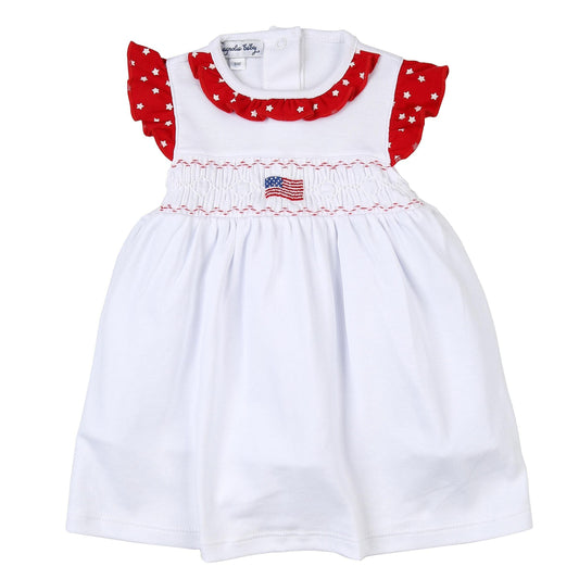 Magnolia Baby Baby Girl Tiny Red, White and Blue Red Embroidered Flutters Dress Set