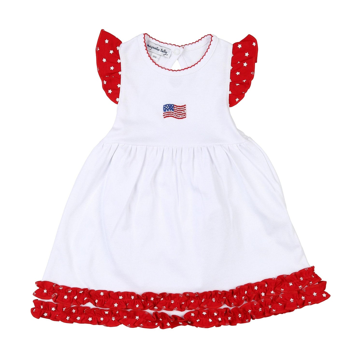Magnolia Baby Baby Girl Tiny Red, White and Blue Red Embroidered Flutters Dress Set