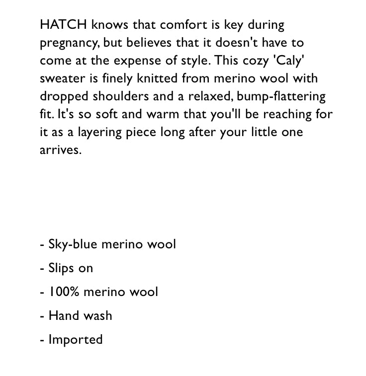 Hatch Maternity Women's THE CALY KNIT SWEATER Sky Blue 100% Merino Wool $268 NEW