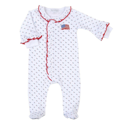 Magnolia Baby Girls VINTAGE RED WHITE & BLUE EMB Ruffle Footie Size PREEMIE NEW