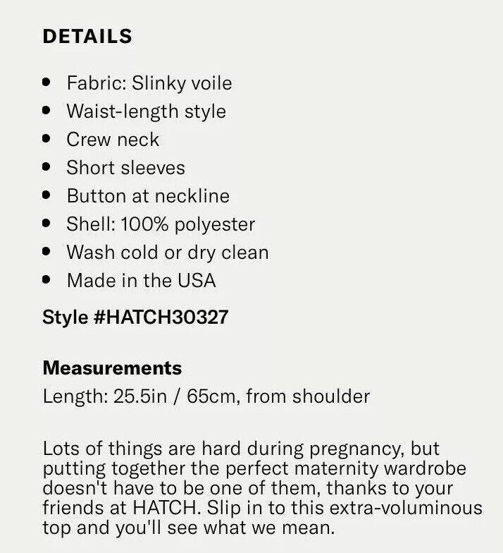Hatch Maternity Women’s THE CECILIA TOP Black $168 NEW