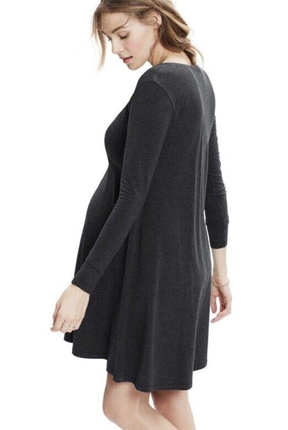 Hatch Maternity Women’s THE LONG SLEEVE A-LINE DRESS Charcoal $118 NEW