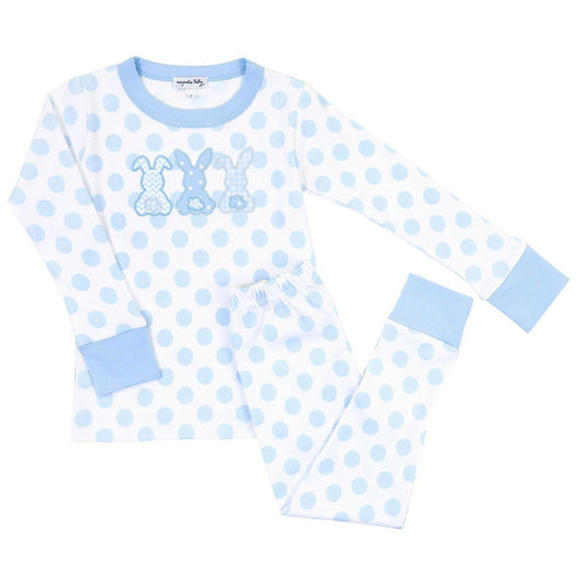 Magnolia Baby Boys BUNNY TRIO Long Pajamas Blue Pima Cotton Size 6/12 Months NEW