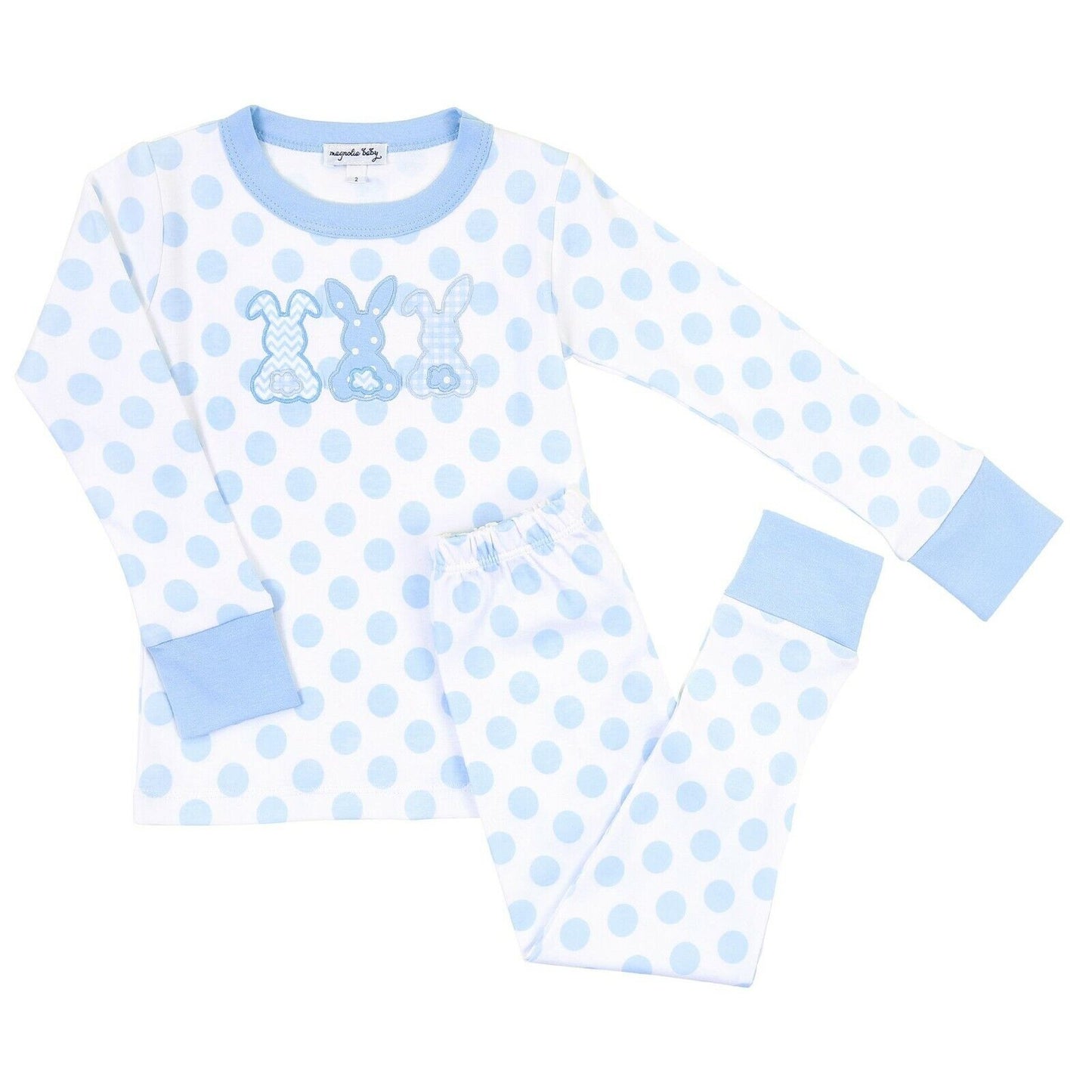 Magnolia Baby Boys BUNNY TRIO Long Pajamas Blue Pima Cotton Size 6/12 Months NEW