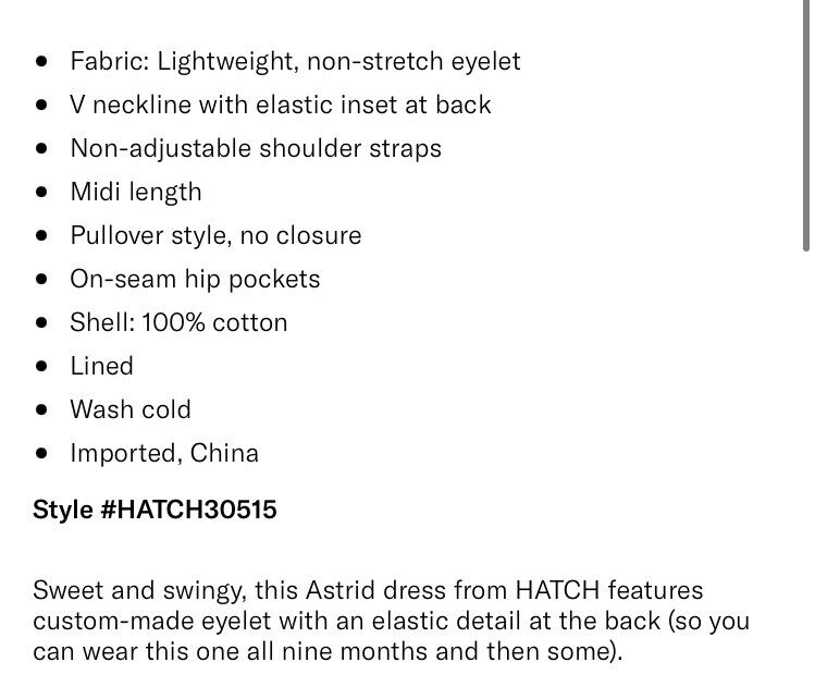 Hatch Maternity Women’s THE EYELET ASTRID DRESS Cotton White $298 NEW