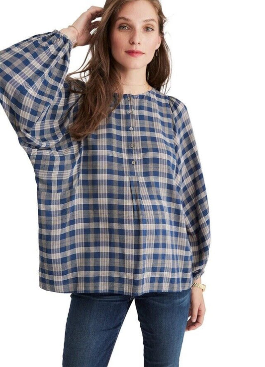 Hatch Maternity Women's THE ROSE TOP Blue Plaid $188 NEW