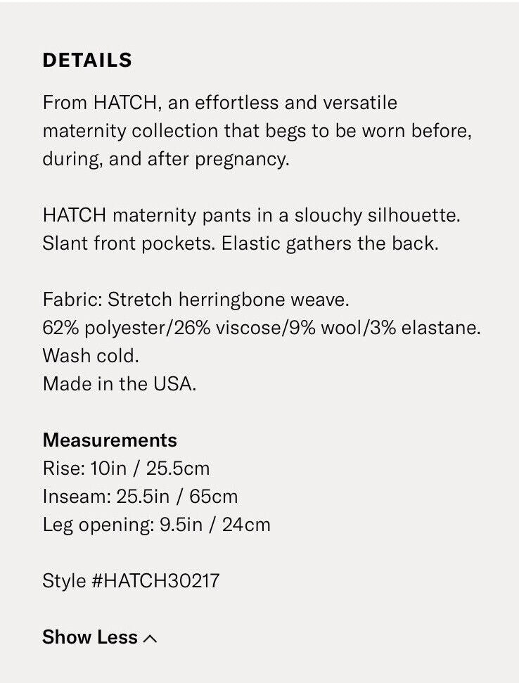Hatch Maternity Women’s THE ZOE PANTS Grey Size 1 (S/4-6) $188 NEW