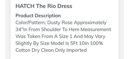 Hatch Maternity Women’s THE RIO DRESS Dusty Rose/Pink $268 NEW