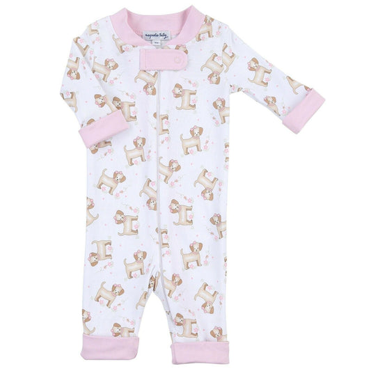 Magnolia Baby Girls TINY PUPPY Zipped Pajamas Pink Pima Cotton NEW