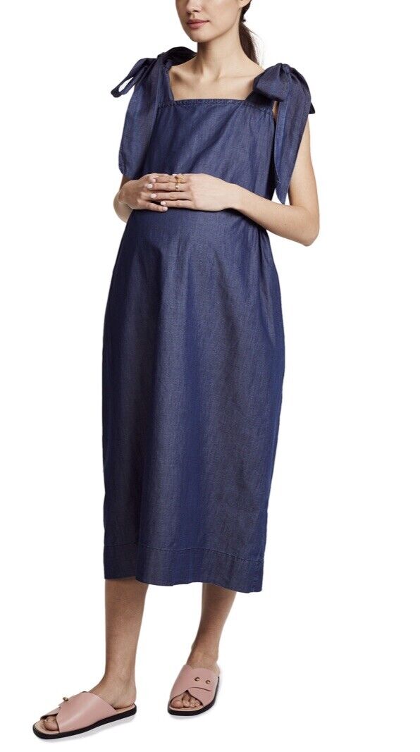Hatch Maternity Women’s THE KATE BOWTIE DRESS Indigo Blue $278 NEW