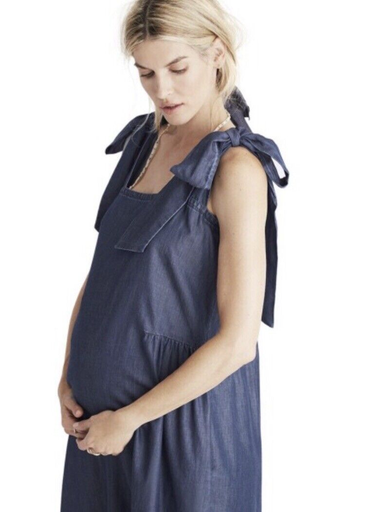 Hatch Maternity Women’s THE KATE BOWTIE DRESS Indigo Blue $278 NEW