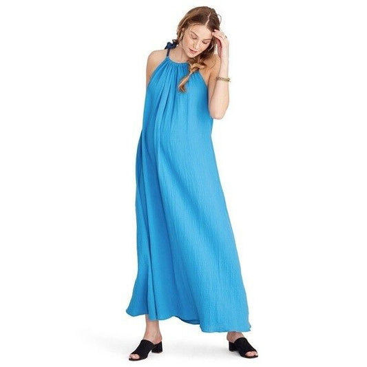 Hatch Maternity Women's THE SIENNA DRESS Ocean Blue Cotton Gauze $258 NEW
