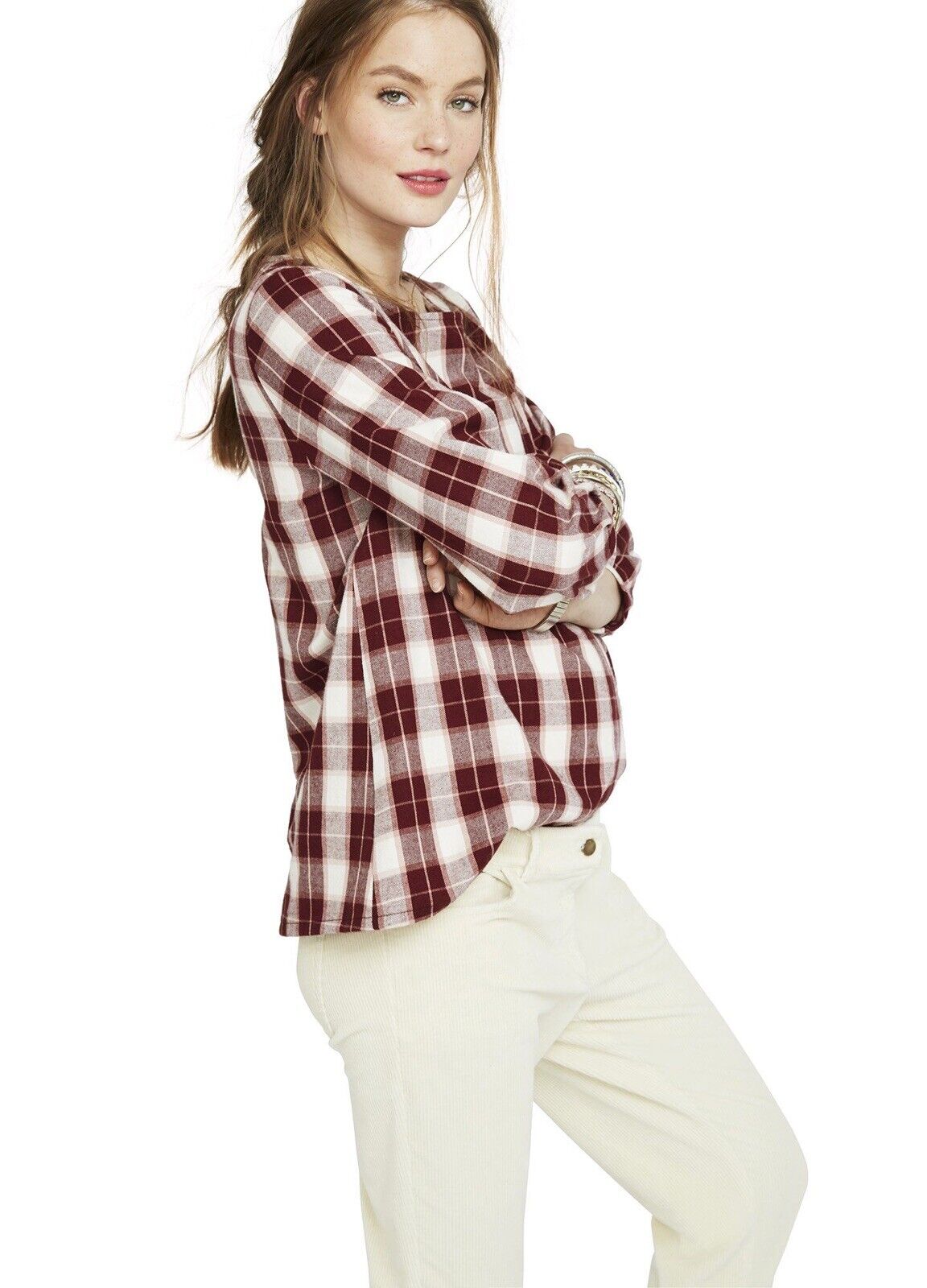 Hatch Maternity Women’s THE DELFINA TOP Plaid Bordeaux Cotton $168 NEW