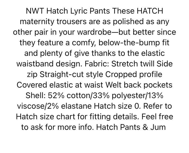 Hatch Maternity Women’s THE LYRIC PANT Black Cotton Blend $188 NEW
