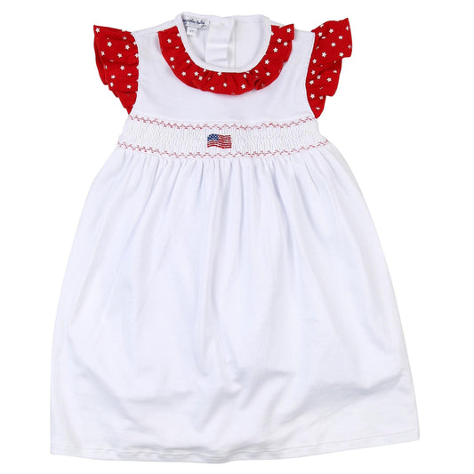 Magnolia Baby Baby Girl Tiny Red, White and Blue Red Embroidered, Smocked, Flutters Toddler Dress
