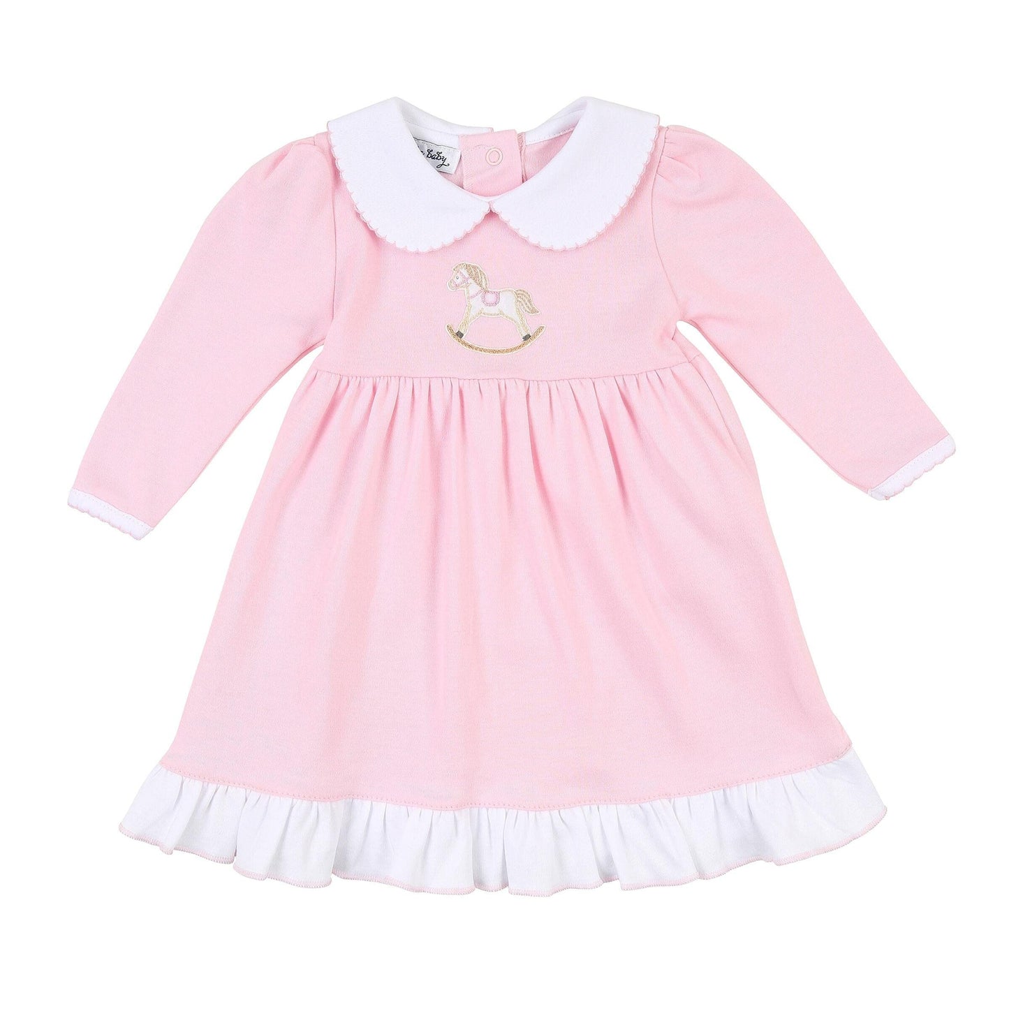 Magnolia Baby Baby Girl Hobby Horse Embroidered Collared Long Sleeve Dress Set Pink