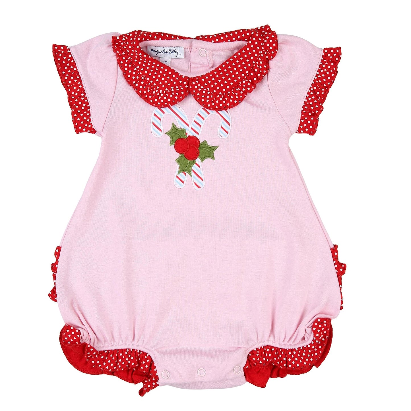 Magnolia Baby Baby Girl Candy Cane Applique Red Collared Ruffle S/S Bubble