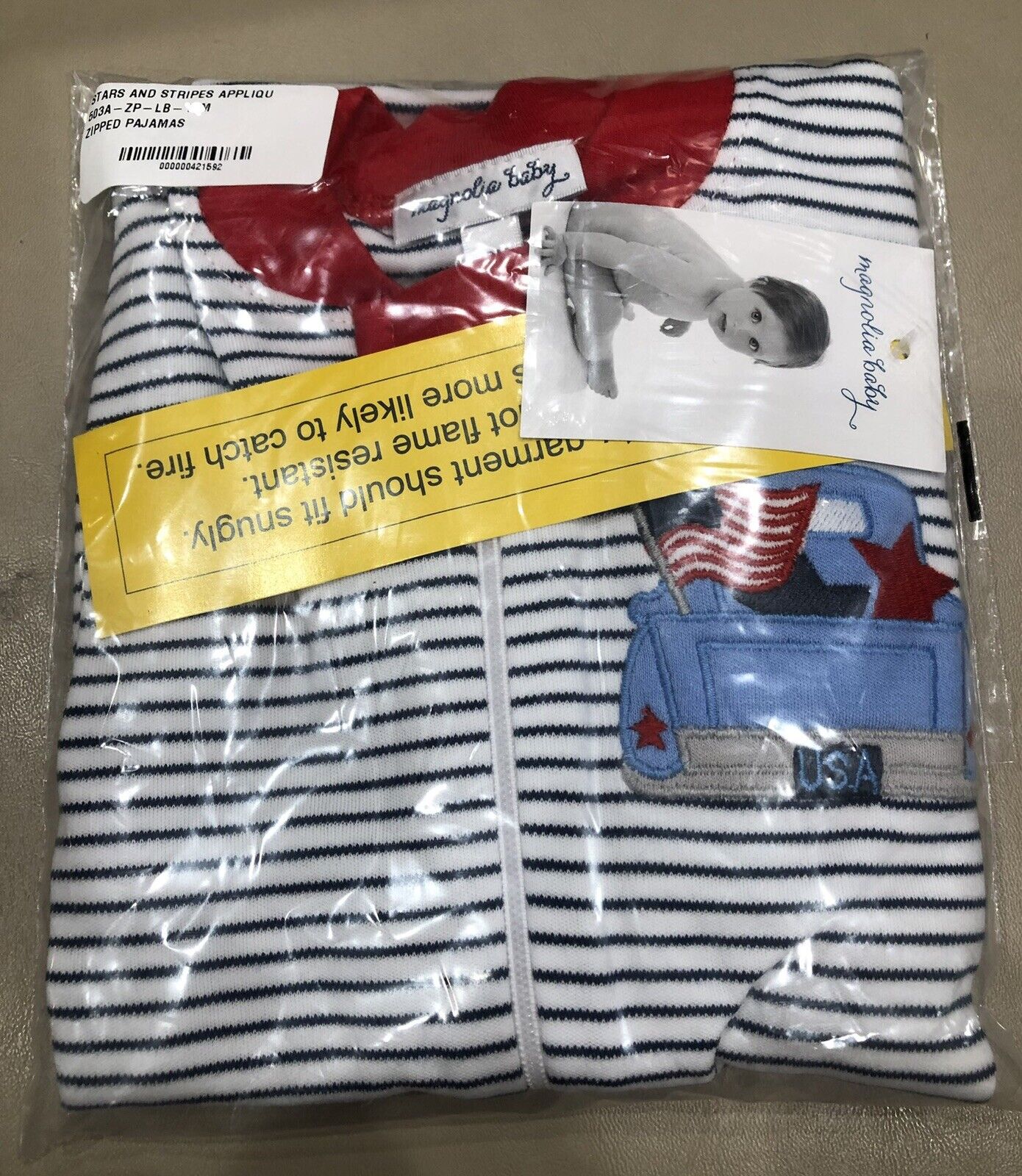 Magnolia Baby Boys STARS & STRIPES Applique Zipped Pajamas Blue Pima Cotton NEW