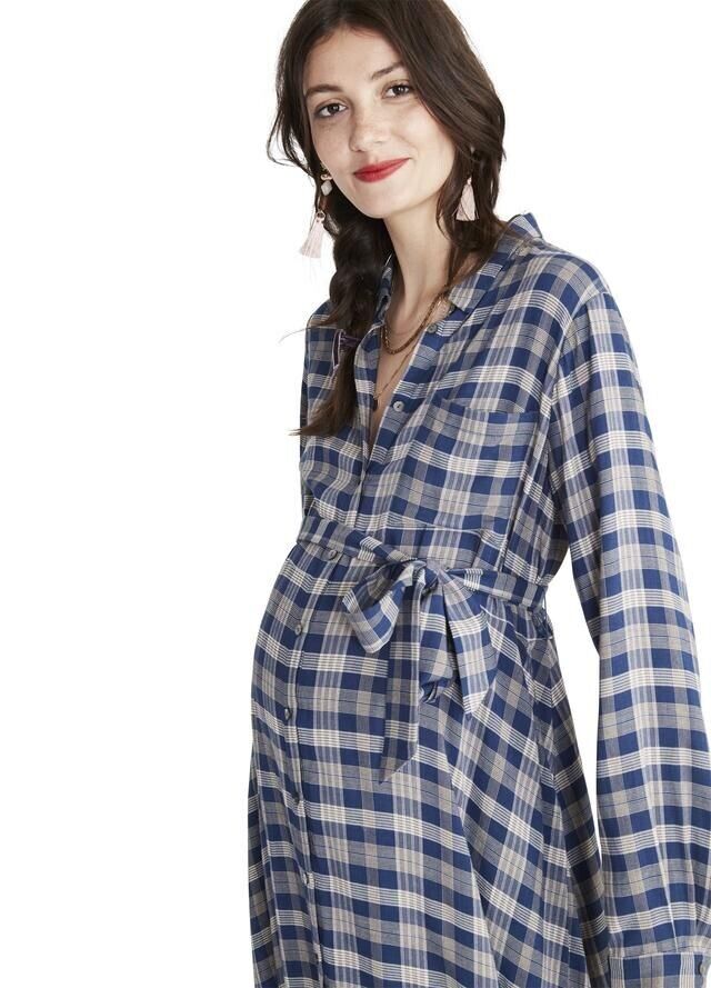 Hatch Maternity Women's THE ALYSSA DRESS Navy/Beige Plaid $288 NEW