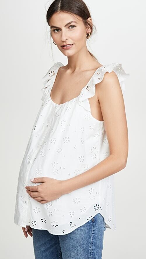 Hatch Maternity Women's THE FLEUR TANK Eyelet White Cotton $178 NEW