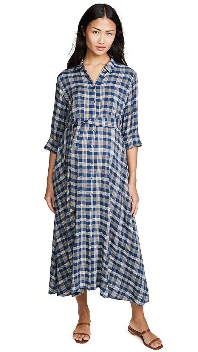 Hatch Maternity Women's THE ALYSSA DRESS Navy/Beige Plaid $288 NEW