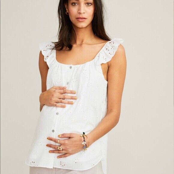 Hatch Maternity Women's THE FLEUR TANK Eyelet White Cotton $178 NEW