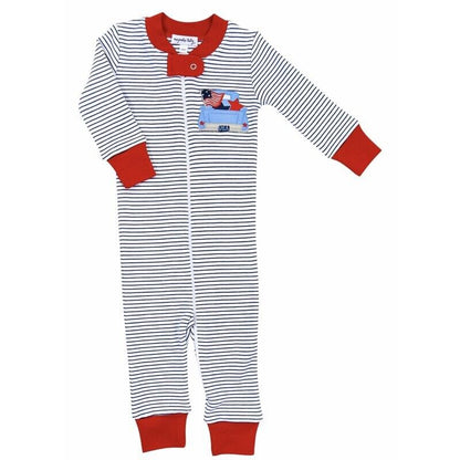 Magnolia Baby Boys STARS & STRIPES Applique Zipped Pajamas Blue Pima Cotton NEW