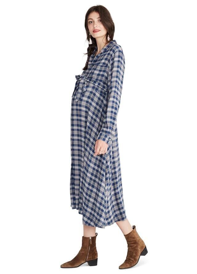 Hatch Maternity Women's THE ALYSSA DRESS Navy/Beige Plaid $288 NEW