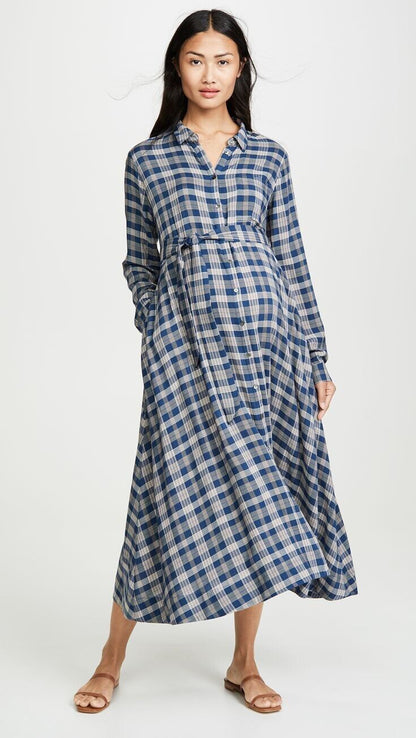 Hatch Maternity Women's THE ALYSSA DRESS Navy/Beige Plaid $288 NEW