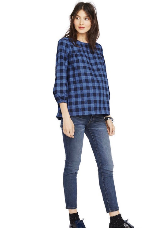 Hatch Maternity Women’s THE DELFINA TOP Blue Plaid Cotton $168 NEW