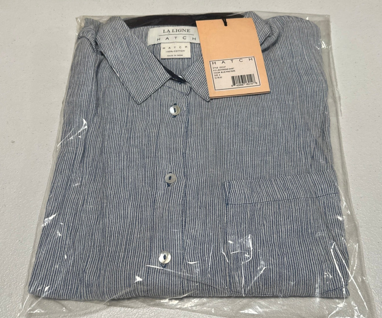 Hatch Maternity Women's THE BOYFRIEND SHIRT Blue Pinstripe $178 NEW