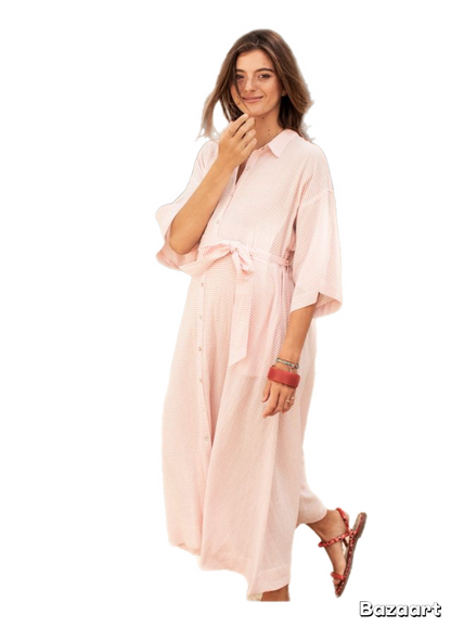 Hatch Maternity Women's THE ELSA DRESS Rose Stripe Linen Blend $248 NEW