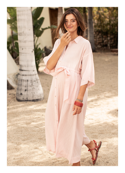 Hatch Maternity Women's THE ELSA DRESS Rose Stripe Linen Blend $248 NEW