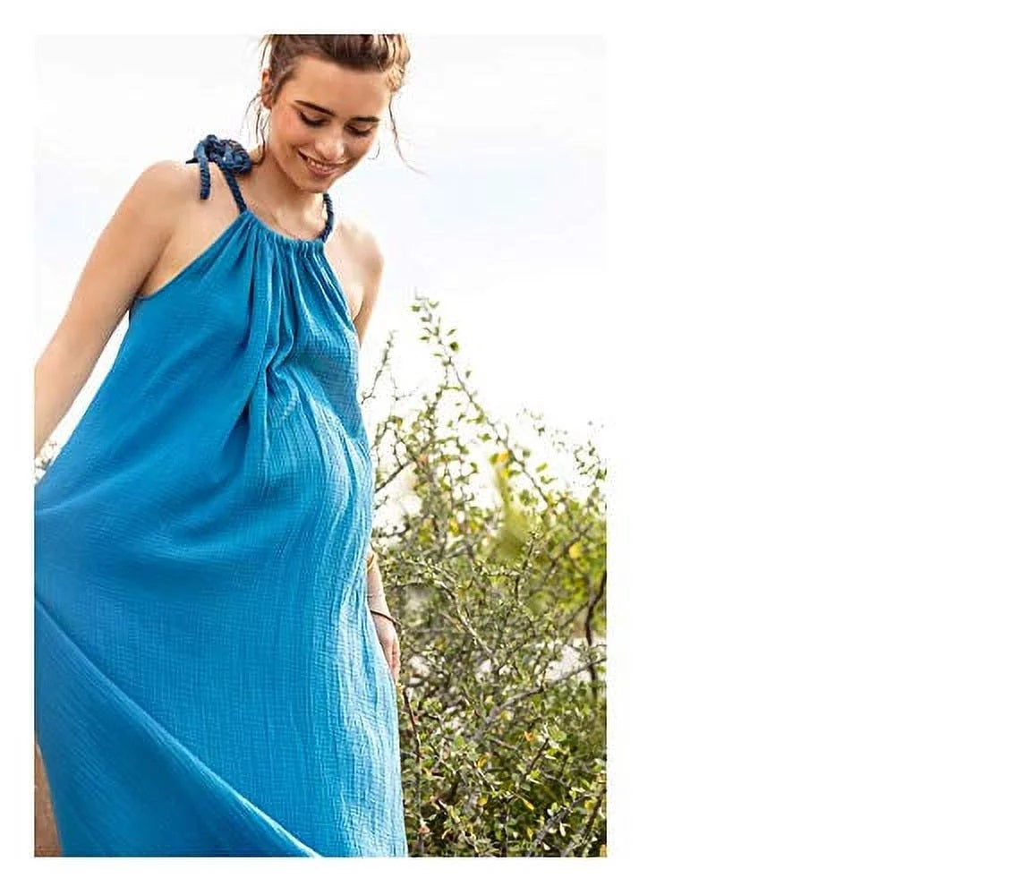 Hatch Maternity Women's THE SIENNA DRESS Ocean Blue | White Cotton Gauze $258 NEW