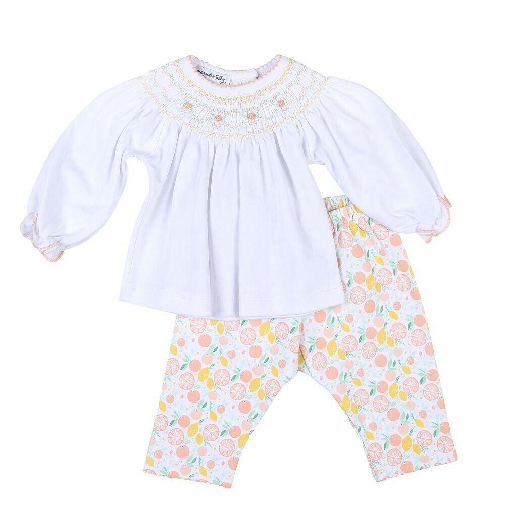 Magnolia Baby Girls CITRUS BOUQUET Bishop Smocked Pant Set Pima Cotton NEW