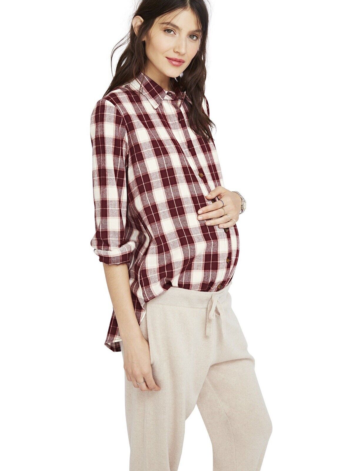 Hatch Maternity Women’s THE FLANNEL Bordeaux Plaid Button Down Shirt $188 NEW