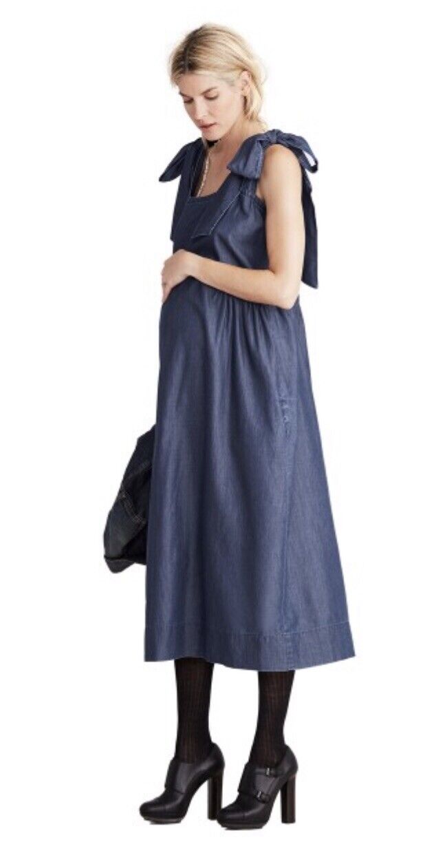 Hatch Maternity Women’s THE KATE BOWTIE DRESS Indigo Blue $278 NEW