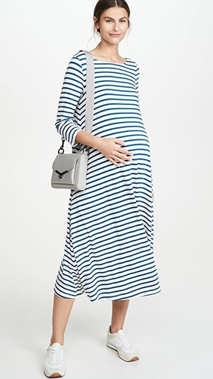 Hatch Maternity Women’s THE MARINA DRESS Ivory/Blue Stripe $178 NEW