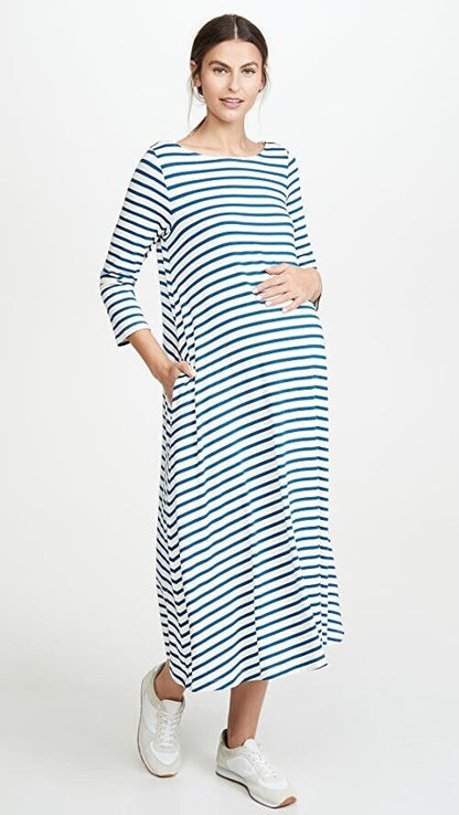 Hatch Maternity Women’s THE MARINA DRESS Ivory/Blue Stripe $178 NEW