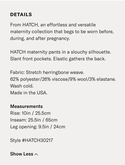 Hatch Maternity Women’s THE ZOE PANTS Grey Size 1 (S/4-6) $188 NEW