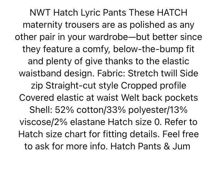 Hatch Maternity Women’s THE LYRIC PANT Midnight Cotton Blend $188 NEW