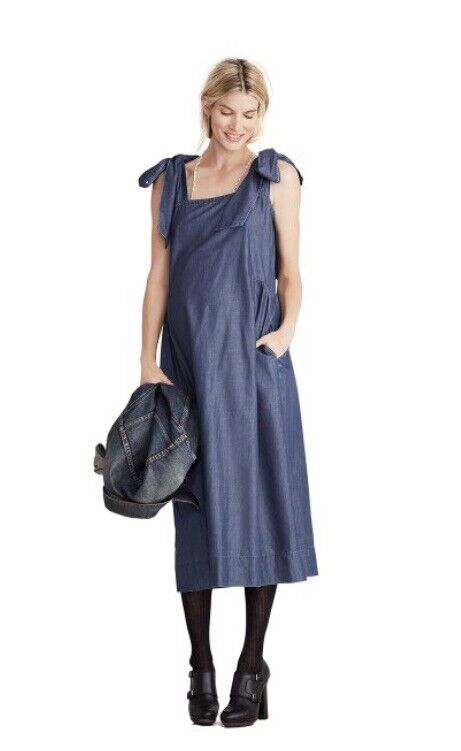 Hatch Maternity Women’s THE KATE BOWTIE DRESS Indigo Blue $278 NEW